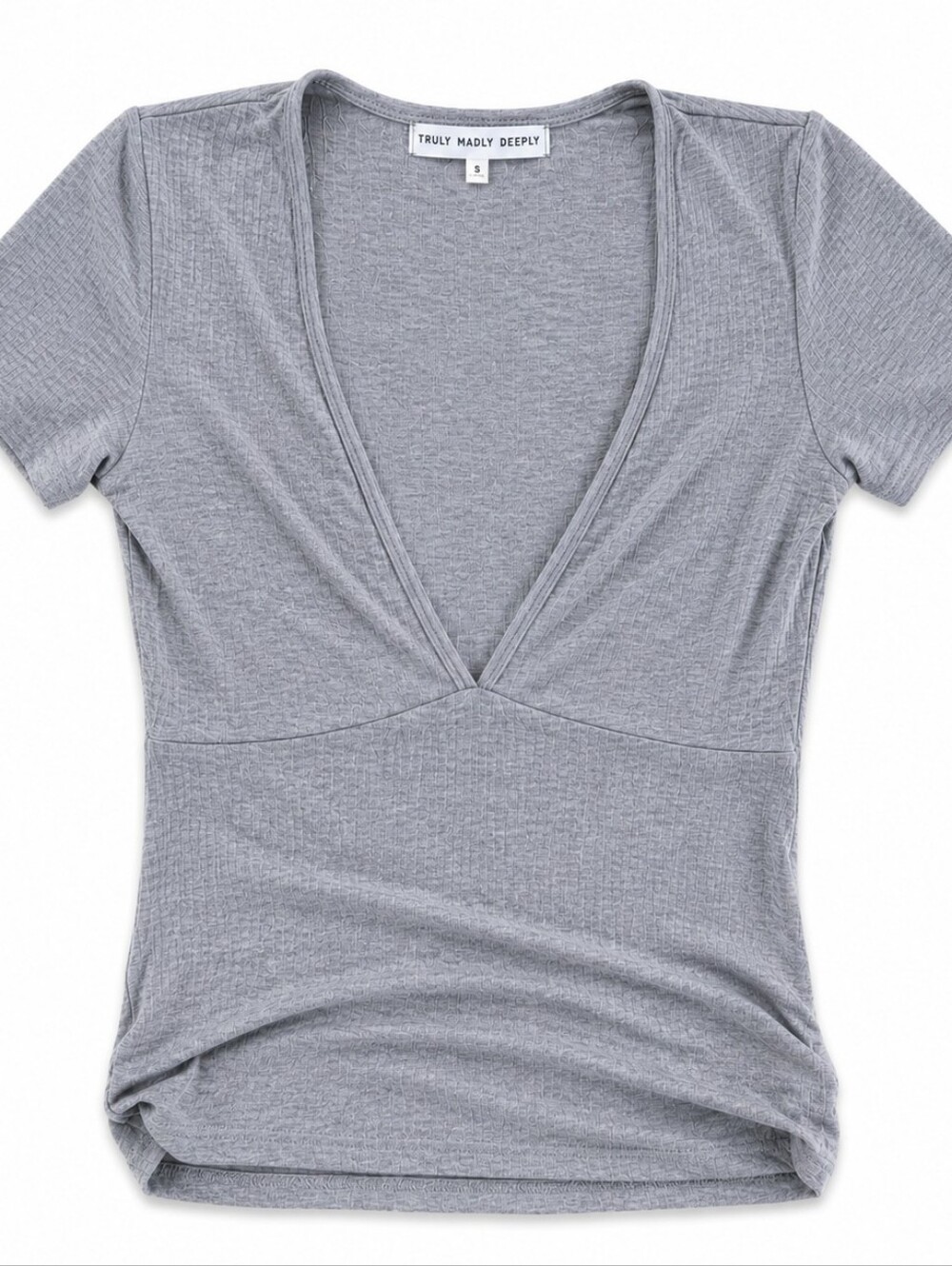 Truly Madly Deeply Grey Ribbed Plunging Deep V-Neck Tee Small